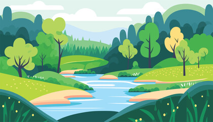 spring or summer landscape with field, green hills, river and forest. vector illustration in trendy 