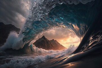 Wall Mural - Coast and high ocean waves. Generative AI.