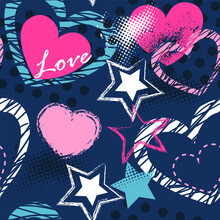 Abstract Seamless Pattern For Girls.  Hearts And Stars Background 