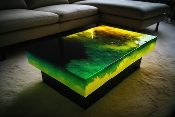 Wall Mural - Green and yellow epoxy resin coffee table. Generative AI.