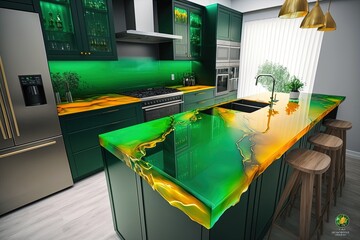 Wall Mural - Green and yellow epoxy resin kitchen countertops. Generative AI.