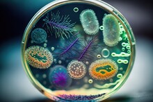 Macro Close Up Shot Of Bacteria And Virus Cells In A Scientific Laboratory Petri Dish. Generative AI.
