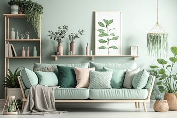 modern composition of living room interior at apartment with mint sofa, wooden ladder, plants, pillo