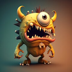 Wall Mural - Little cute yellow monster with an open mouth in a cartoon style on a gradient background. One eyes fantasy creature teeth spikes high resolution art generative artificial intelligence