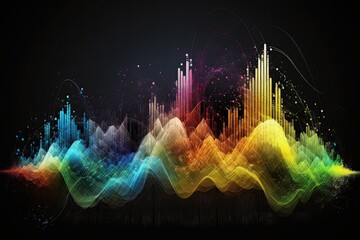 Colorful abstract sound wave particle on black background. Equalizer, music, frequency, hertz, high resolution, art, generative artificial intelligence