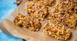Granola bars, healthy protein full snacks with oats, nuts and chocolate