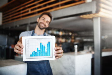 Wall Mural - The figures have never looked this good. Portrait of a young man holding a digital tablet with a graph on the screen at a coffee shop.