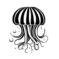 black jellyfish and bubbles sea vector, logo on white background	