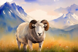Fototapeta Zwierzęta - Picturesque watercolor portrait of alpine sheep grazing against the backdrop of the mountains. Generative AI.