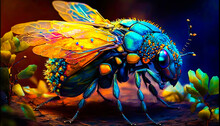Close Up Of Blue And Yellow Insect. Fantasy. Generative AI.
