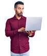 © Krakenimages.com - Young hispanic man holding laptop scared and amazed with open mouth for surprise, disbelief face