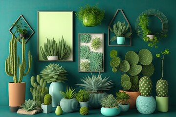 Canvas Print - Beautiful plants, cactus, succulents, and air plants are arranged in variously shaped pots in a stylish indoor home garden composition. a green wall. space copy template domestic gardening idea Jungle