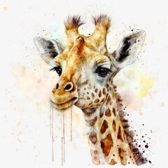 Watercolor illustration of a cute giraffe with paint splashes. Portrait of a young pretty giraffe in aquarelle style. Generative AI art.