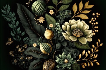 Wall Mural - repeating floral pattern with a mix of green, gold, and black colors, incorporating natural elements such as plants and flowers illustration, oil pain, background, illustration, generative ai