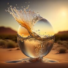 Splash Of Water In A Glass Standing In The Desert. Intense Colors, Thirst, Liquid, Soft Warm Colors, High Resolution, Art, Generative Artificial Intelligence