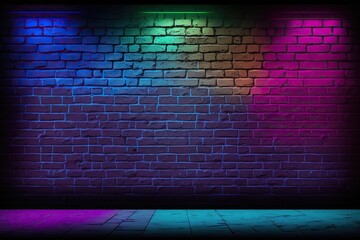 Modern futuristic neon lights on old grunge brick wall room background, illustration, generative ai