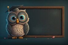  Cute Cartoon Owl In Front Of A Blackboard Banner With Space For Copy, Generative Ai