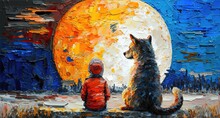  Illustration Of A Young Boy With Dog Looking At Full Moon At Night Time, Generative Ai
