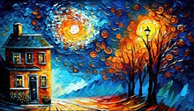 Paint Like Illustration Of Beautiful Rural House At Night Time, Generative Ai