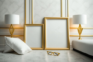 Interior mockup with two golden rectangular frames resting on a white floor. Model of framed images on a wall. Generative AI