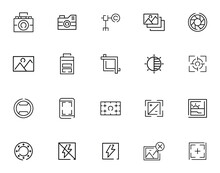 Photo And Video Icon Set. Icons Of Photography, Image, Photo Gallery, Video Camera And Photo Camera. Diaphragm Icon. Image, Photo Gallery Vector Illustration, Lines With Editable Stroke