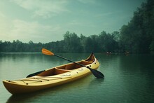 Kayak Boat For Kayaking Outdoor Water Activities And Sports On The River. Kayak Or Canoe At River Landscape Backdrop. Generative AI