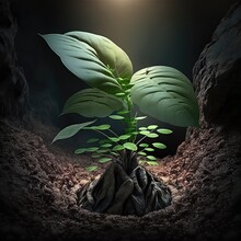 A Growing Plant, In An Earth Mound. Sunbeam, Rocky Soil, Cave, Indoors, High Resolution, Illustrations, Art. AI