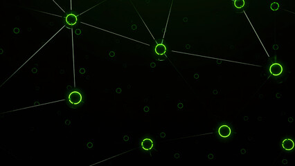 Wall Mural - Green and orange dark background. Design.Connected highlighting circles in abstraction that fly in different directions.
