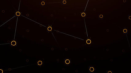 Wall Mural - Green and orange dark background. Design.Connected highlighting circles in abstraction that fly in different directions.
