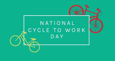 Wall Mural - illustration of red and yellow bicycles with national cycle to work day text against blue background