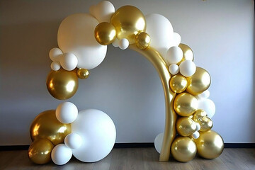 decoração arco de balões para festa de aniversário branco com dourado, fundo fotografico para fotos comemoração aniversário 