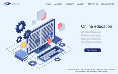 Wall Mural - online education, distant learning, teaching flat 3d isometric vector concept illustration