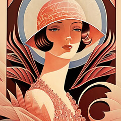 Portrait of elegant woman, Art Deco style illustration. 