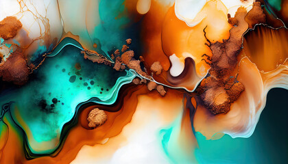 Wall Mural - Abstract watercolor paint texture, orange and emerald background