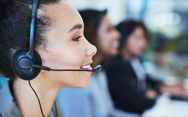 Sticker - Tell me more about the problem and I will resolve it. Shot of a young woman working in a call centre.