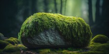 Forest Scenic With Mossy Stone Wide Banner Display Design Copy Space For Product Promotion, Generative AI