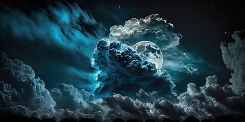 Wall Mural - a dramatic background for design featuring a black, starry night sky with cumulus clouds, moonlight 