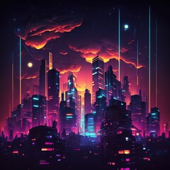 Sticker - cityscape with space and neon light effect. Modern hi-tech, science, futuristic technology concept., generative ai 