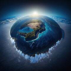 Wall Mural - curvature of planet earth. aerial view of blue planet from space. sunrise over globe land and ocean,