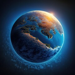 Sticker - Curvature of planet Earth. Aerial view of blue planet from space. Sunrise over globe land and ocean, generative ai