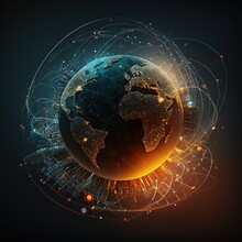 Global Background/Connection Lines Around Earth Globe, Futuristic Technology Theme Background With Circles And Lines. Concept Of Internet, Social Media, Traveling Or Logistics, Generative Ai