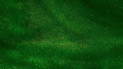 Wall Mural -  Abstract gold glittering particles flow with shallow depth of field in green fluid. Wave movement of floating gold dust particles. Motion of golden glittering particles. 4K abstract background.