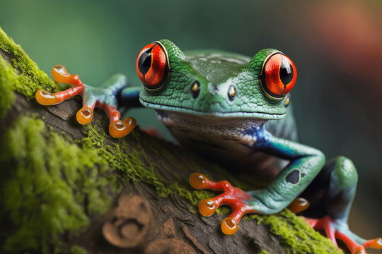 closeup of a red-eyed tree frog (Agalychnis callidryas) on a branch. Generative AI