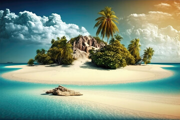 Poster - paradise island in the caribbean with palm trees sun and a turquoise sea. Generative AI