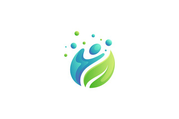 Wall Mural - healthy people logo with person symbol and natural leaf decorated with bubbles in simple design style