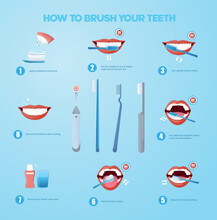 Brushing Teeth Infographic. Collection Of Graphic Elements For Website. Toothbrush And Paste. Cleanliness And Hygiene, Oral Care. Cartoon Flat Vector Illustrations Isolated On Blue Background