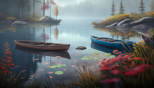 Illustration Of Two Small Boats At The Dock In A Misty Autumn Morning, AI-generated Image.	