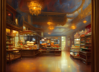 Wall Mural - The interior of an old fashioned cake shop with pastries stacked on shelves and counters with glowing lamps. generative ai illustration.