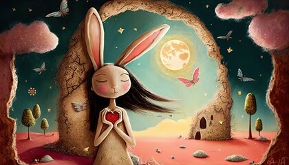 Wall Mural - A romantic illustration of a female rabbit, easter bunny, love, hope, happiness, butterflies, valentine, Generative AI