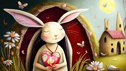 Wall Mural - A romantic illustration of a female rabbit, easter bunny, love, hope, happiness, butterflies, valentine, Generative AI